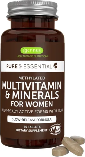 Miniatura 15 de Igennus Multivitamínico metilado para mujeres de 50 años, calcio y magnesio para apoyo óseo, liberación sostenida y vitaminas B activas, fórmula sin