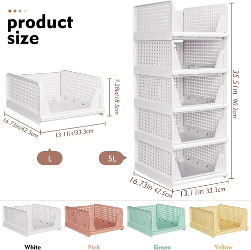 Miniatura 2 de SNSLXH Paquete de 5 cajas organizadoras apilables de armario, cesta de almacenamiento multifuncional y plegable para baño, cocina, lavandería, Rosa