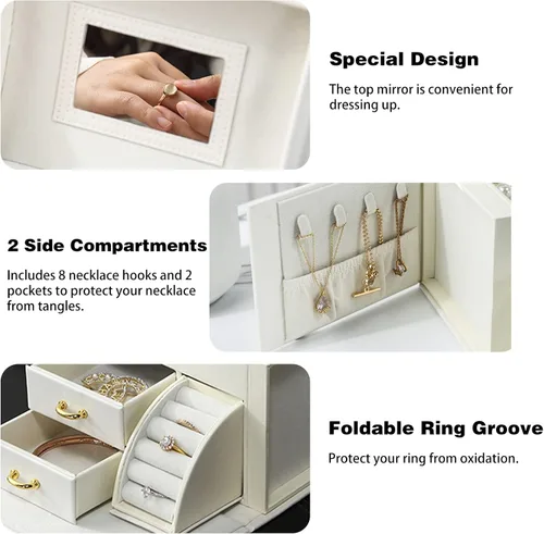 Miniatura 3 de DREAM&GLAMOUR - Cajas de joyería para mujer, 3 capas, organizador de joyería de piel sintética con espejo y cerradura. Caja de joyería portátil