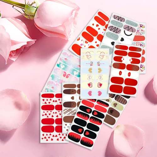 Miniatura 3 de 20 hojas de calcomanías de esmalte de uñas de color sólido rojo, calcomanías de esmalte de uñas para el día de San Valentín para mujeres, tiras