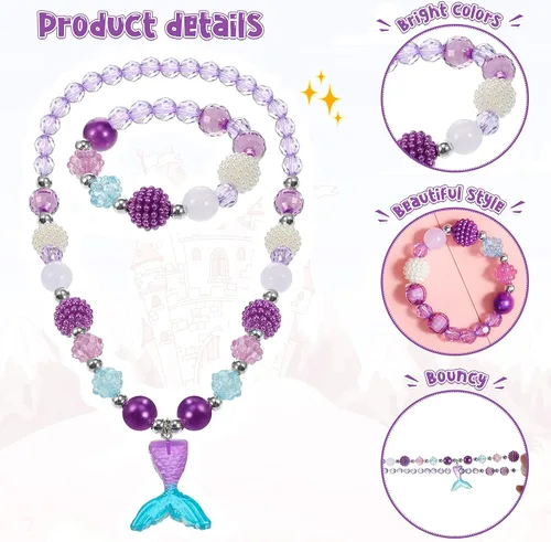 Miniatura 37 de Sumind 6 juegos de joyas para niñas pequeñas, collar de cuentas y pulsera para disfraz, joyas, regalos de princesa para fiestas (estilo mágico)