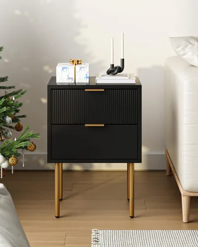 Miniatura 6 de Mesita de noche, mesita de noche pequeña con marco dorado, mesita de noche negra, muebles de noche, mesa auxiliar con 2 cajones para dormitorio