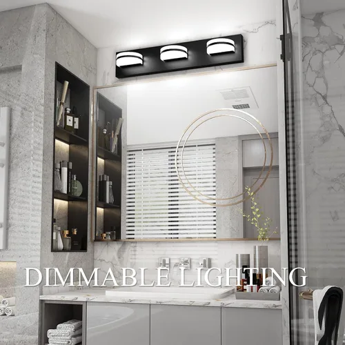 Miniatura 5 de Aipsun Lámpara de tocador negra moderna regulable, luz LED acrílica, 3 luces de pared de baño (luz blanca, 6000 K)