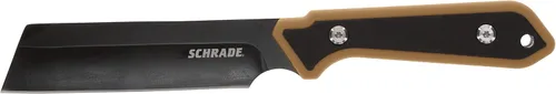 Schrade Cuchillo Frontier de hoja fija de 4.5 pulgadas con hoja de óxido negro de acero 3CR13 con orificio para cordón y funda de polímero duro para