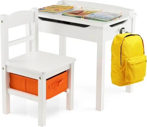 Miniatura 14 de HONEY JOY Juego de mesa y silla para niños, escritorio de madera y silla con cajón, portarollos de papel y 2 bolígrafos, juego de mesa de blanco 1