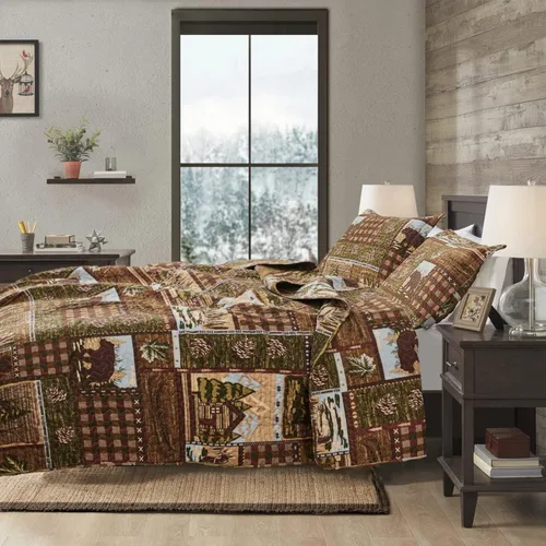 Miniatura 3 de Colcha Lodge Tamaño Queen, Juegos de Colcha de Cabaña Rústica Alce Oso Colcha Cubrecama de Retazos a Cuadros Cubrecama Reversible con Estampado de Té