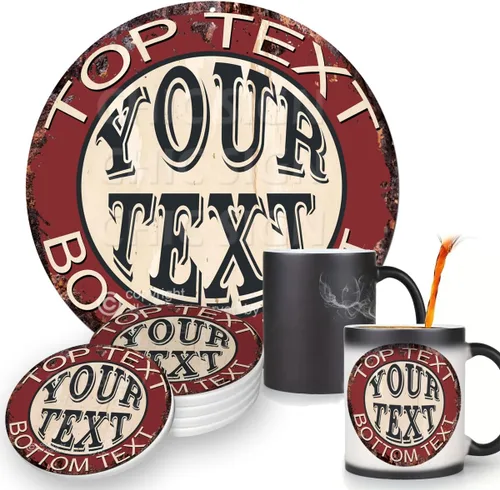 Miniatura 2 de ANY NAME'S YOUR TEXT - Tazas de posavasos personalizadas con letrero elegante, estilo rústico, desgastado, vintage, retro, cocina, bar, pub, Maroon