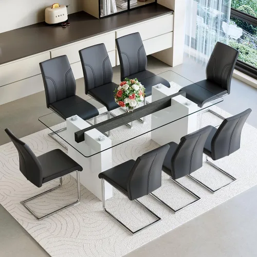 Miniatura 17 de FURNITO Mesa de comedor de vidrio de 71 pulgadas para 6 a 8,0,39 pulgadas de superficie de vidrio grueso con mesa de comedor de pedestal de MDF Mesa