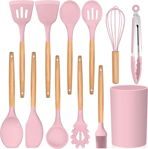 Miniatura 10 de E-far Juego de 6 utensilios de cocina de silicona con mango de madera, utensilios de cocina antiadherentes y resistentes al calor, incluye Gris