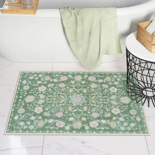 Miniatura 10 de Uphome Alfombra de baño bohemia con diseño floral beige, ultra suave, antideslizante, vintage, lavable a máquina, alfombra de baño floral para baño