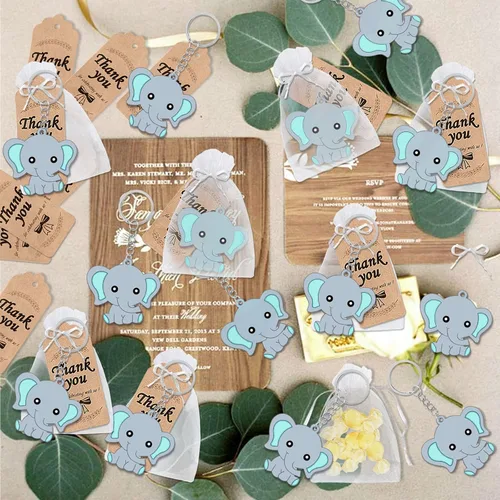 Miniatura 5 de CiciBear Paquete de 72 recuerdos de fiesta de elefante con llaveros de elefante azul bebé, etiquetas de agradecimiento y bolsas de regalo