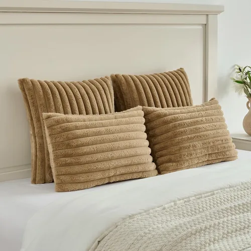 Miniatura 5 de FUTEI - Juego de 2 fundas de almohada decorativas con rayas, cuadradas, para invierno, piel sintética de conejo suave y acogedora y respaldo de Camel