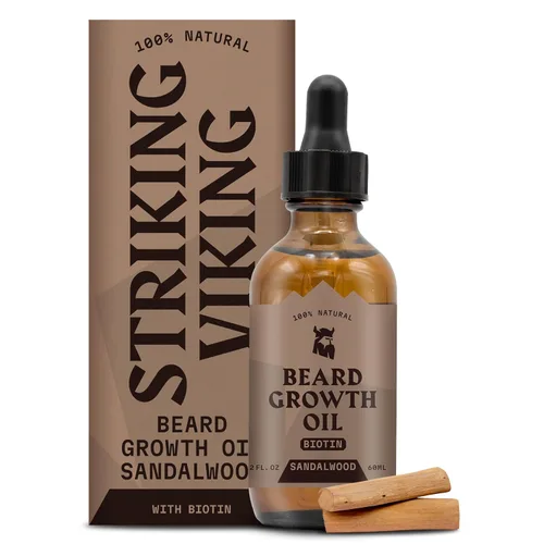 Striking Viking Aceite de crecimiento de barba para hombres, 2 onzas líquidas, sándalo, aceite de barba espesante y acondicionador con biotina,
