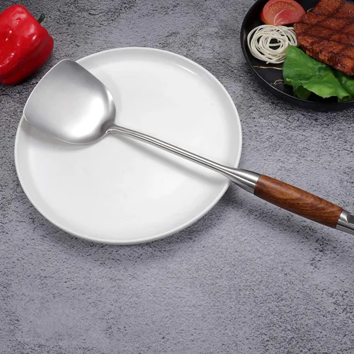 Miniatura 5 de Espátula china profesional para wok, utensilios de wok de acero inoxidable 18/10 de 15.7 pulgadas con mango de madera resistente al calor para freír