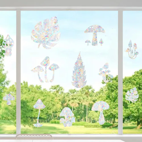 Miniatura 4 de STICKERGURU - 16 calcomanías de ventana de hongos y hojas, calcomanías anticolisión para salvar a los pájaros de colisiones de ventanas, vinilo