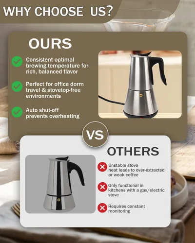 Miniatura 4 de Olla eléctrica Moka con base desmontable, cafetera de aluminio de 10 onzas, 6 tazas, 10.1 fl oz, cafetera italiana negra para cocina y hogar, 110 V