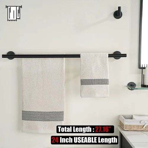 Miniatura 3 de JQK - Toallero doble de 27 pulgadas, negro mate, longitud útil de 24 pulgadas, toallero de baño de acero inoxidable 304 de 0.8 mm de espesor