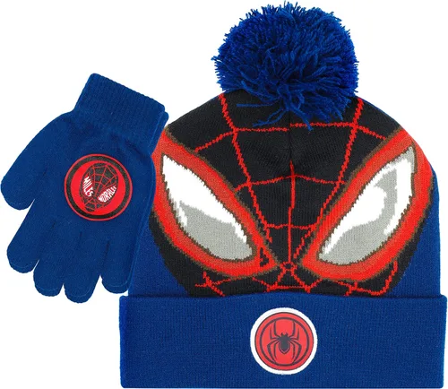 Marvel Spider-Man - Sombrero de invierno y guantes de nieve para niños y niños juego de 2 piezas gorro con pompones con guantes cálidos