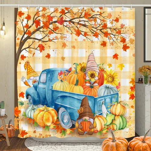 Cortina de ducha a cuadros de búfalo naranja, decoración de otoño, lindos gnomos en camión verde azulado retro, cortina de ducha de calabaza de