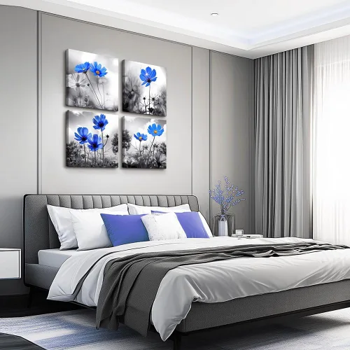 Miniatura 9 de Arte de pared para dormitorio, flor azul cian en blanco y negro, decoración de pared para decoración del hogar, pintura de arte de 12 x 12 pulgadas