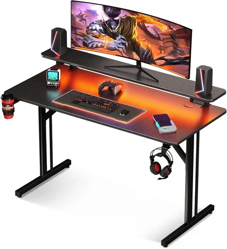 MOTPK Escritorio pequeño para juegos de 39 pulgadas con luces LED, mesa de juegos para computadora con estante para monitor, escritorio para