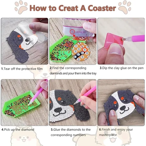 Miniatura 4 de 8 piezas de posavasos de pintura de diamantes en forma de perro para bebidas, kits de pintura de diamantes de perro DIY con soporte, posavasos