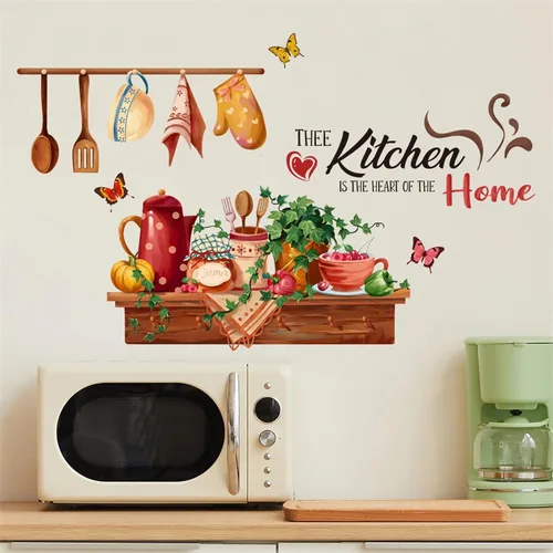 Miniatura 5 de Kitchen is the Heart of Home - Calcomanías de pared para utensilios de cocina, diseño de mariposas verdes, vinilo extraíble para cocina, comedor