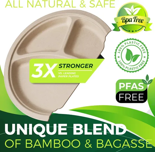 Miniatura 3 de 150 platos de papel marrón 100% compostables de 10 pulgadas, platos desechables resistentes de 3 compartimentos, platos seccionales ecológicos
