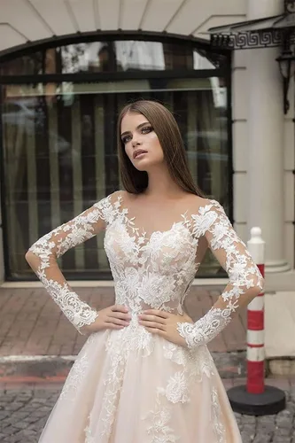 Miniatura 2 de Vestidos de novia de encaje para novia apliques de tul vestido de baile de manga larga vestido de novia de satén vestido de novia de sirena de noche