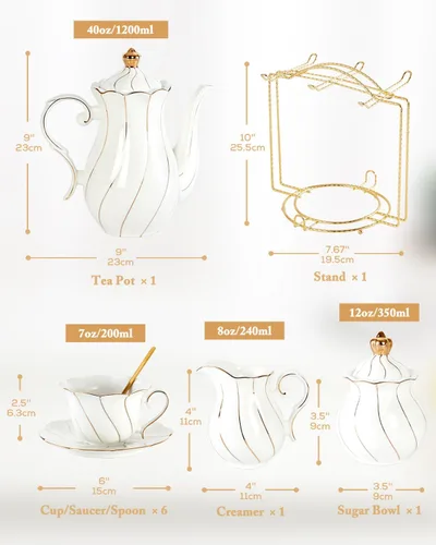 Miniatura 6 de DUJUST Juego de té de porcelana blanca de 22 piezas para 6, juego de tazas de té y café de lujo estilo británico con ribete dorado, hermoso juego