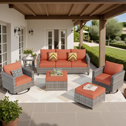 Miniatura 31 de ovios Juego de muebles de patio de 8 piezas, sofá de mimbre para exteriores con sillas giratorias, mecedora con cojines cómodos, juego de Beige