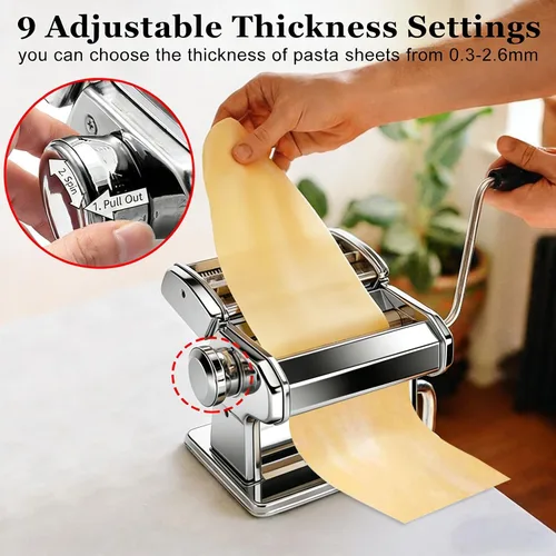 Miniatura 4 de Máquina para hacer pasta, máquina manual de pasta con 9 ajustes de grosor ajustables, fabricante de fideos de acero inoxidable con rodillos