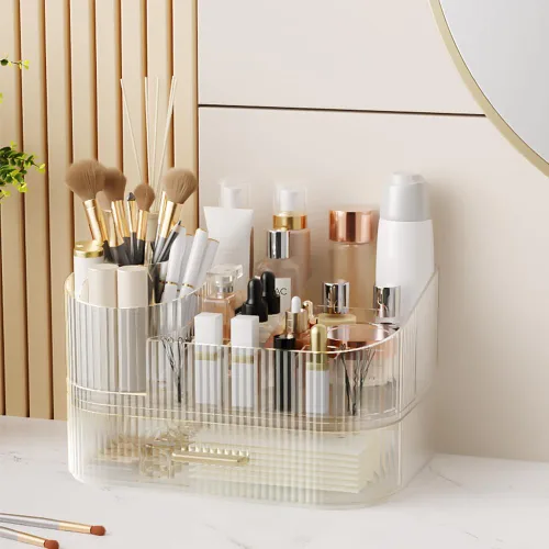 Miniatura 3 de Organizador de maquillaje giratorio de 360° con cajón, exhibición de almacenamiento de cosméticos de acrílico transparente, contador de belleza