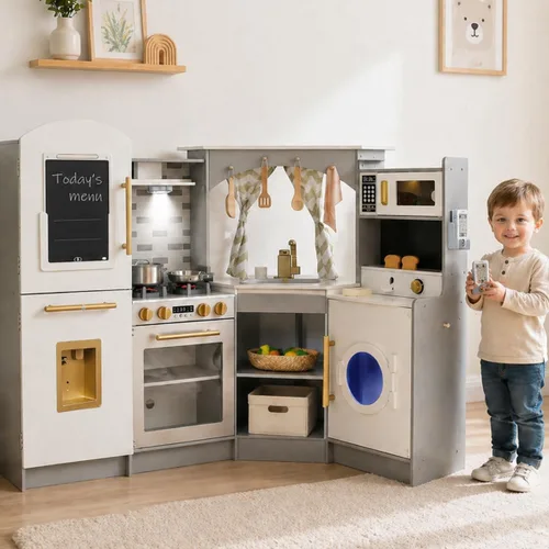 Miniatura 5 de Juego de Cocina de Madera Grande de Rincón con Juego de Hielo, Dispensador de Agua, Panificadora, Lavadora, Pantalla Electrónica, Fregadero de gris