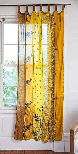 Miniatura 5 de EthinicCraftHub® - Cortina india de seda Sari con diseño de retazos estilo gitano bohemio hippy bohemio para colgar en la pared