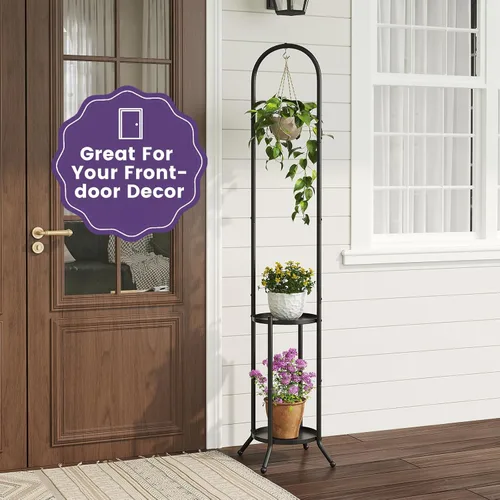 Miniatura 7 de Soporte de metal para plantas de 2 niveles con gancho para colgar para plantas de interior y exterior, estante de exhibición de acero resistente
