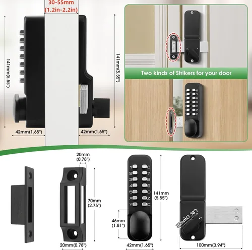 Miniatura 2 de Cerradura de perilla de puerta de entrada con teclado mecánico sin llave con perno, combinación de código de acceso de un solo lado, cerradura Mate.