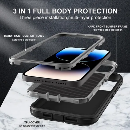 Miniatura 4 de YKHJKLEC Funda para iPhone 14 Pro, grado militar 3 en 1, resistente a los golpes, a prueba de caídas, polvo con 2 protectores de pantalla de vidrio