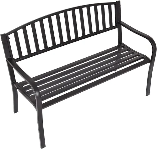 Miniatura 8 de Tangkula Banco de jardín de acero para exteriores de 50 pulgadas, banco de jardín con respaldo alto y reposabrazos inoxidables, banco ideal