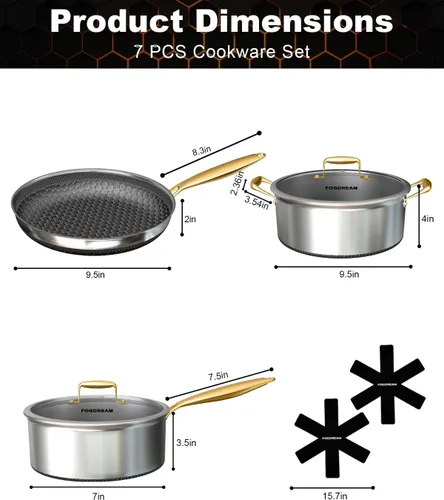 Miniatura 6 de FogDream Juego de 5 piezas de utensilios de cocina de acero inoxidable, juego de ollas y sartenes tricapa, sartenes antiadherentes, olla de sopa
