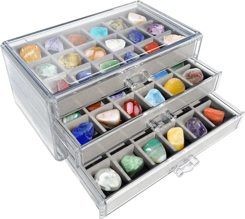 Estuche de exhibición de rocas, caja de colección de rocas para niños y adultos | Estante de exhibición de cristales, organizador y estuche para