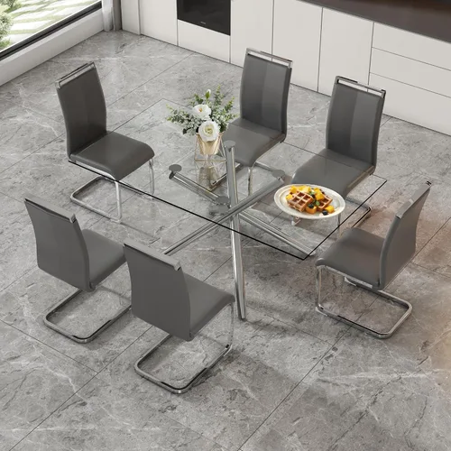 Miniatura 37 de Juego de 8 mesas de comedor de cristal, moderno juego de mesa de comedor de 71 pulgadas con 8 sillas de comedor tapizadas de piel sintética