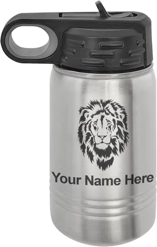 Miniatura 41 de LaserGram Botella de agua personalizada, cabeza de león, acero inoxidable de doble pared aislada al vacío con popote superior, regalo grabado