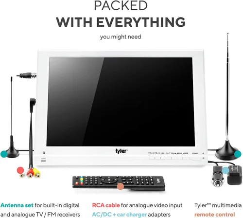 Miniatura 5 de Tyler Monitor LCD portátil de TV de 13.3 pulgadas, funciona con batería de litio recargable de 1080P, 3 antenas, HDMI, SD, USB, RCA, radio FM