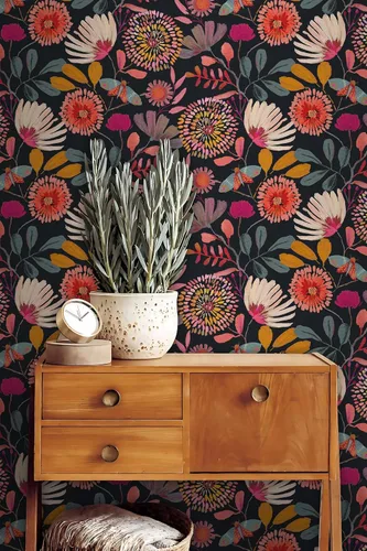 Miniatura 4 de Papel tapiz floral para despegar y pegar, extraíble, impermeable, azul marino/rosa/naranja, papel de contacto para dormitorio, baño, pared
