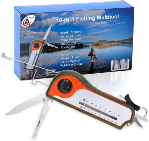 Herramienta Multiusos de Pesca Regalo para Pescadores - Removedor de Anzuelos, Raspador de Escamas, Cinta Métrica, Cortador de Carnada, Linterna,