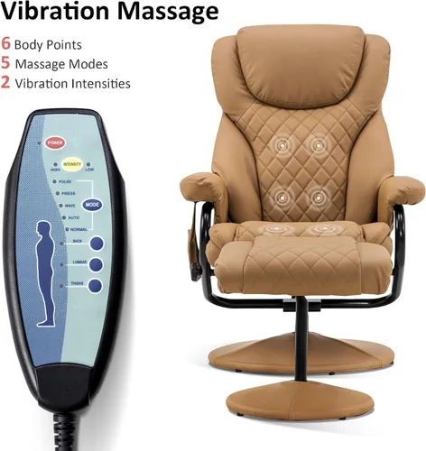 Miniatura 9 de Mcombo Sillón reclinable con otomano, silla reclinable con masaje, silla giratoria de 360 grados para sala de estar de piel sintética, 4901 (Cognac)