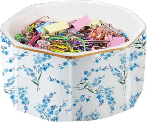 Miniatura 12 de Portaclips de Cerámica con Línea Dorada Dispensador Organizador de Clips para Escritorio Lindo Patrón de Mármol Terrazo Portaclips de Oficina