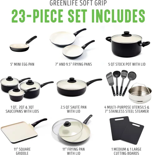 Miniatura 3 de GreenLife Soft Grip - Juego de 23 utensilios de cocina antiadherentes de cerámica saludable con utensilios de cocina, sin PFAS, apto para Negro