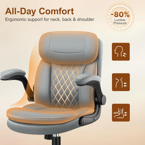 Miniatura 4 de Silla de oficina de piel, sillas de escritorio de computadora de poliuretano mejoradas con cojín de asiento de doble capa y reposaespaldas, Gris